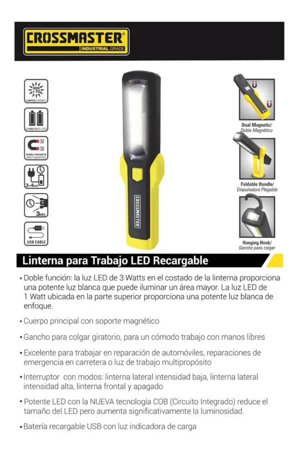 Linterna Led P/trabajo Recargable 3w Mango Movil Crossmaster – Matfer ...