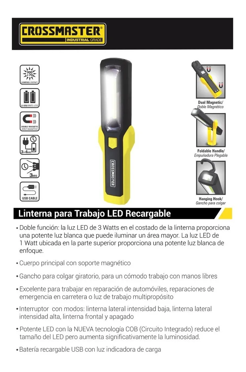 Linterna Led P/trabajo Recargable 3w Mango Movil Crossmaster - Imagen 2
