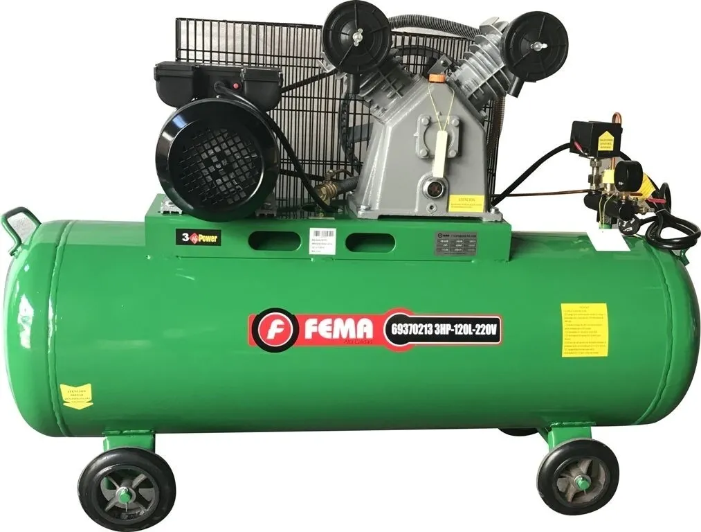 COMPRESOR FEMA A CORREA 120 LITROS-3 HP - 220V - DOS MANOMETROS - UNA SALIDA VALVULA ESFERICA