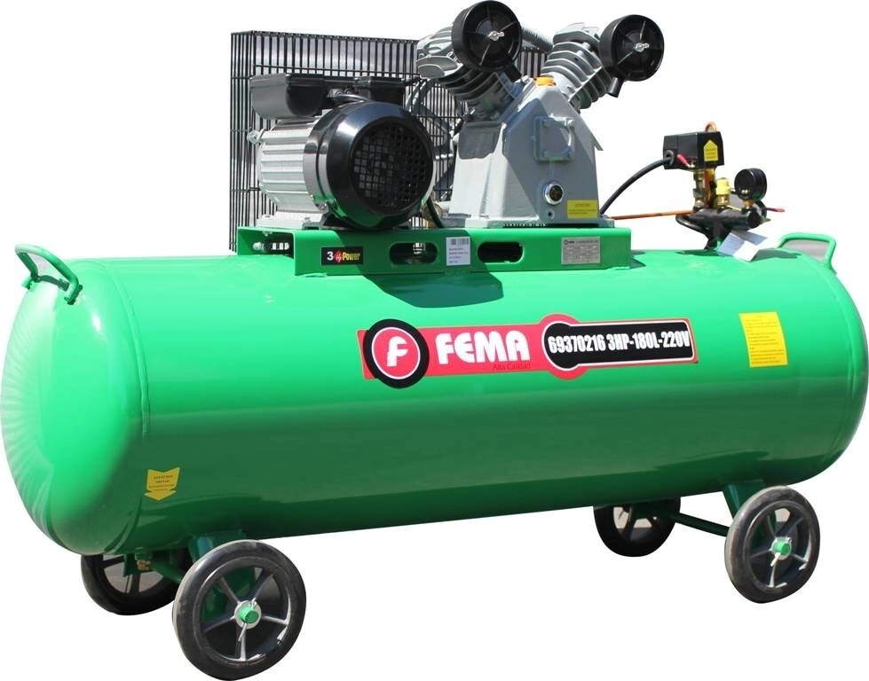 COMPRESOR FEMA A CORREA 180 LITROS-3 HP- MONOFASICO - DOS MANOMETROS - UNA SALIDA VALVULA ESFERICA