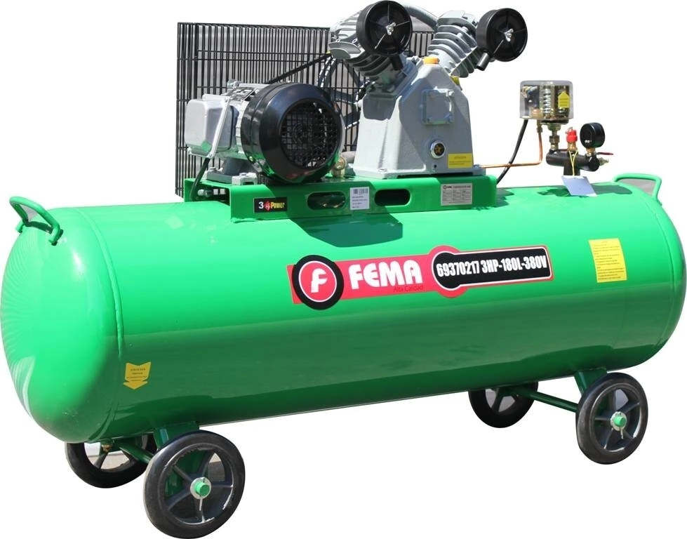 COMPRESOR FEMA A CORREA 180 LITROS-3 HP - TRIFASICO - DOS MANOMETROS - UNA SALIDA VALVULA ESFERICA