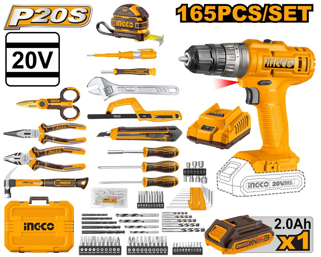 Set de herramientas Ingco 165 piezas con taladro percutor 20V HKTHP11651